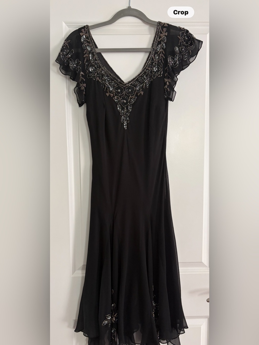 Black Beaded V-Neck Midi Dress with Flutter Sleeves